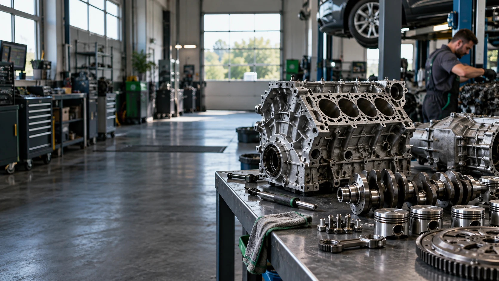 Bloque de motor y componentes en un taller de automoción